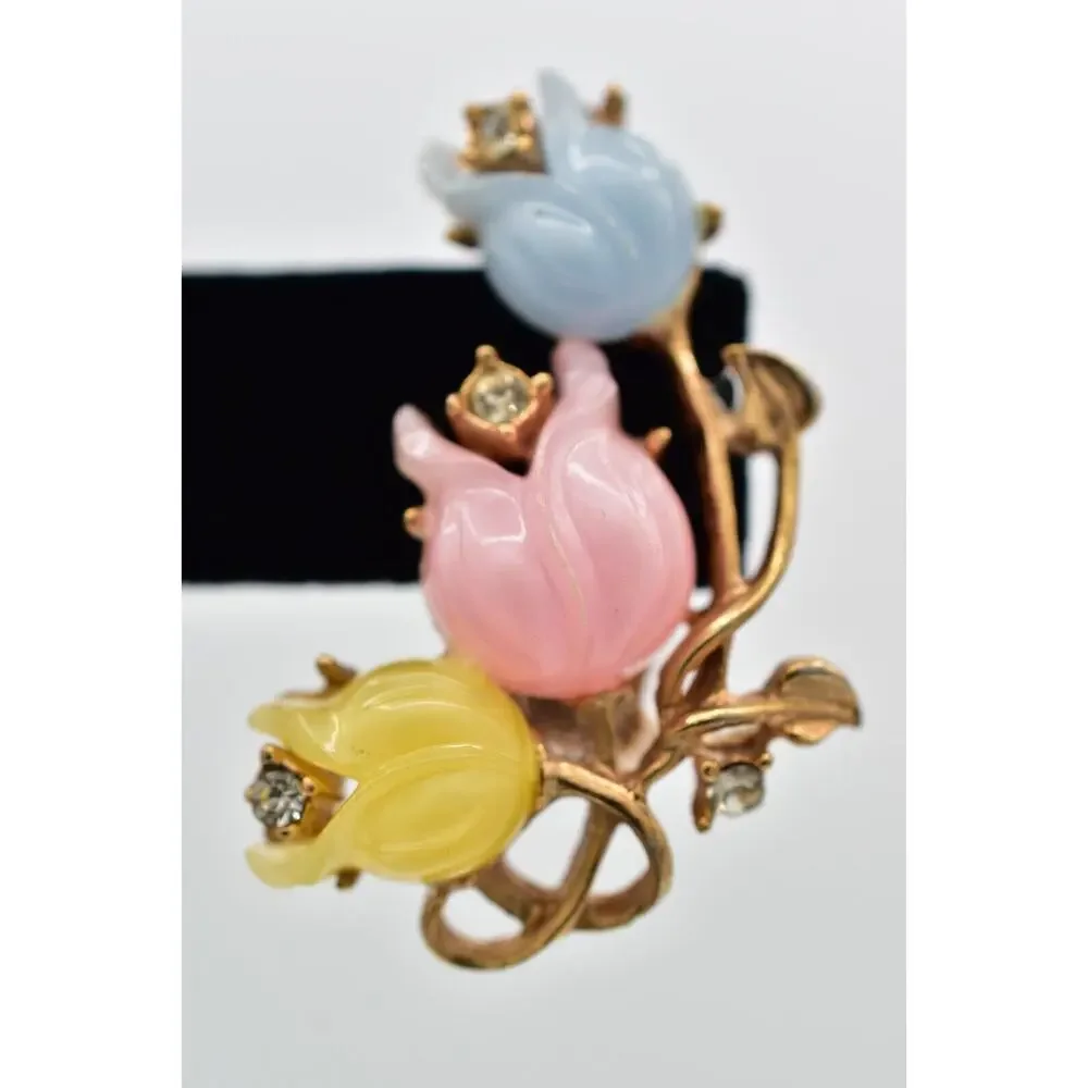 Vintage Flower Clip On Earrings Pastel Pink Yellow Blue Tulip Gold 1960s BinBK